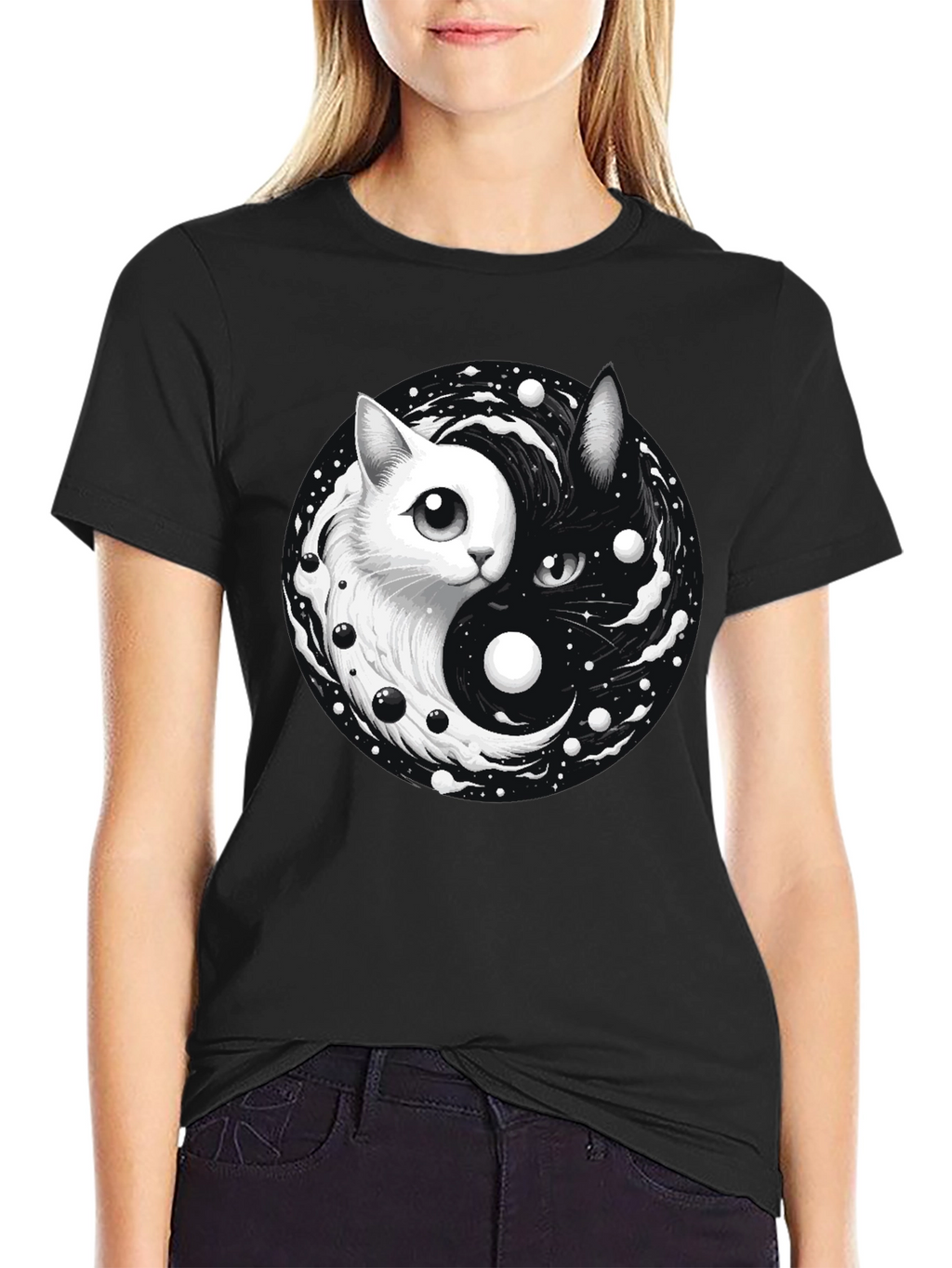 Yin Yang Cat Graphic T-Shirt - Balance & Style