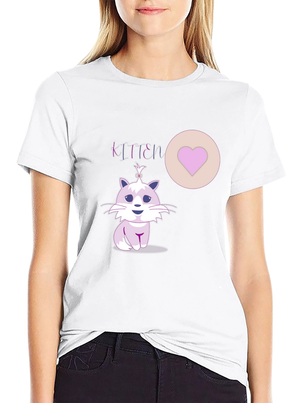 Cute Kitten Graphic Tee - Heart Detail Black T-Shirt
