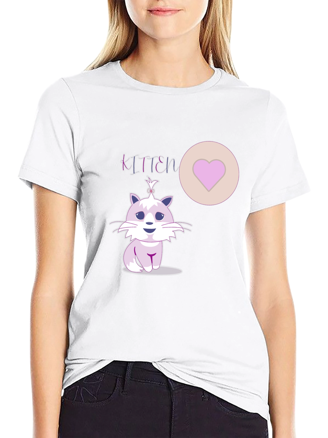 Cute Kitten Graphic Tee - Heart Detail Black T-Shirt