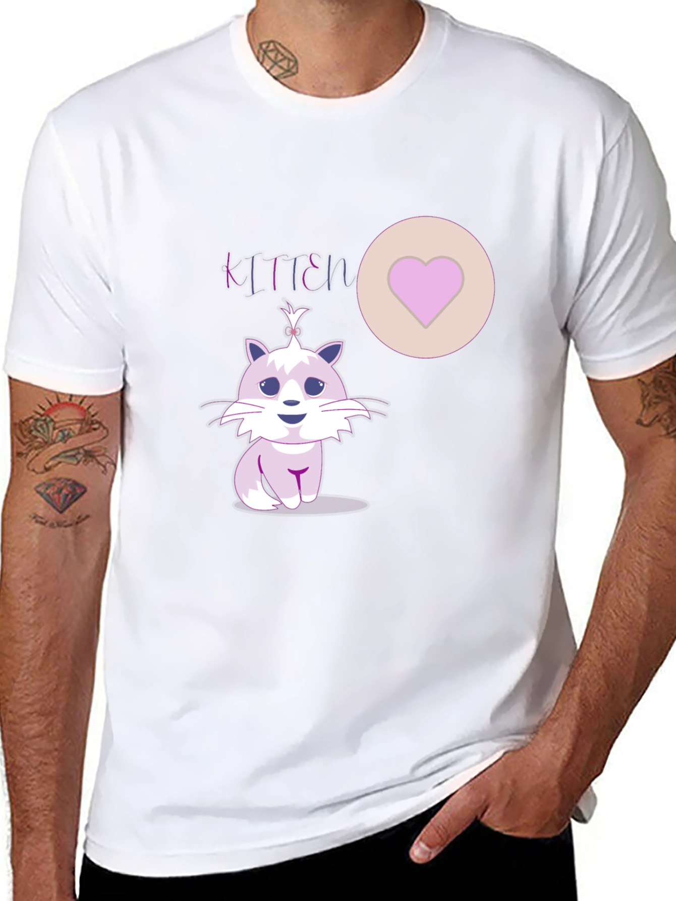Cute Kitten Graphic Tee - Heart Detail Black T-Shirt
