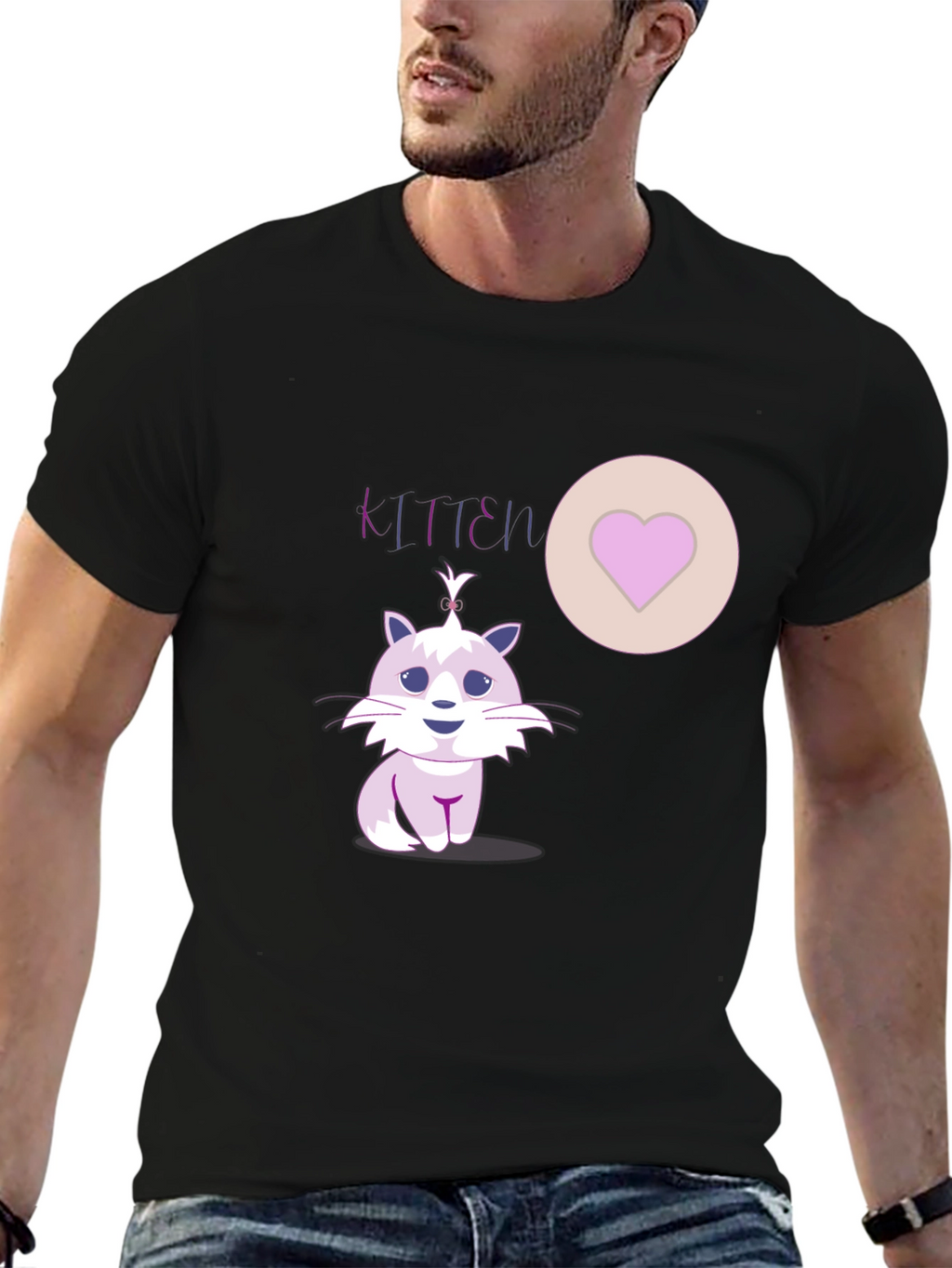 Cute Kitten Graphic Tee - Heart Detail Black T-Shirt