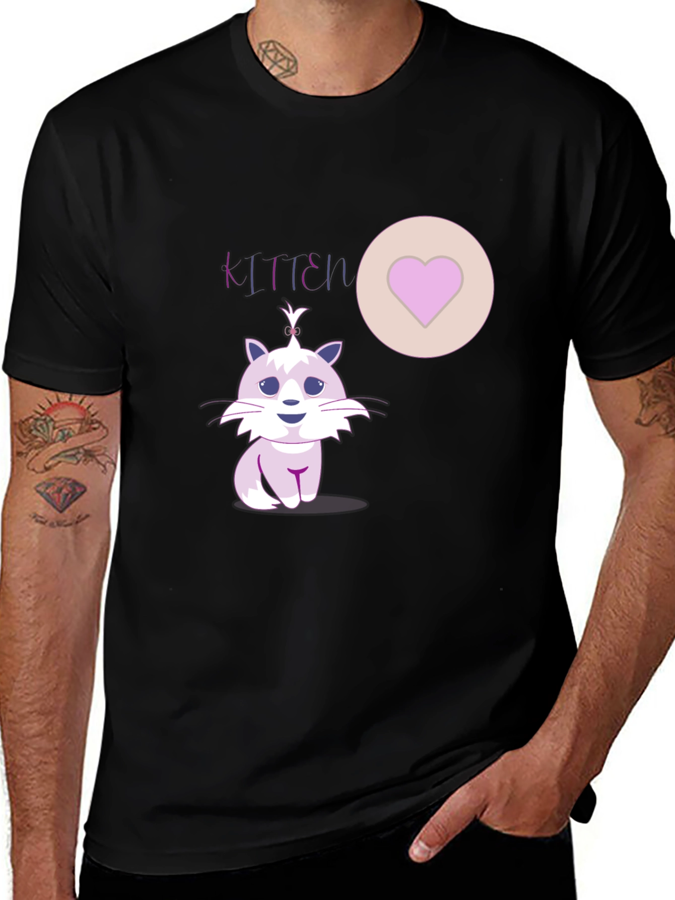 Cute Kitten Graphic Tee - Heart Detail Black T-Shirt