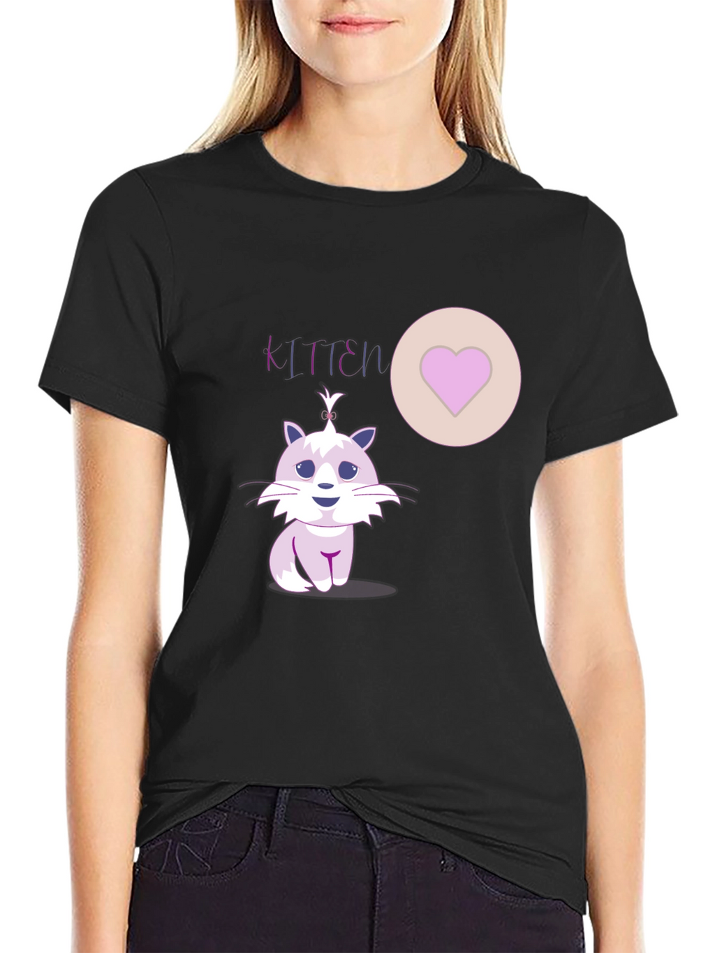 Cute Kitten Graphic Tee - Heart Detail Black T-Shirt