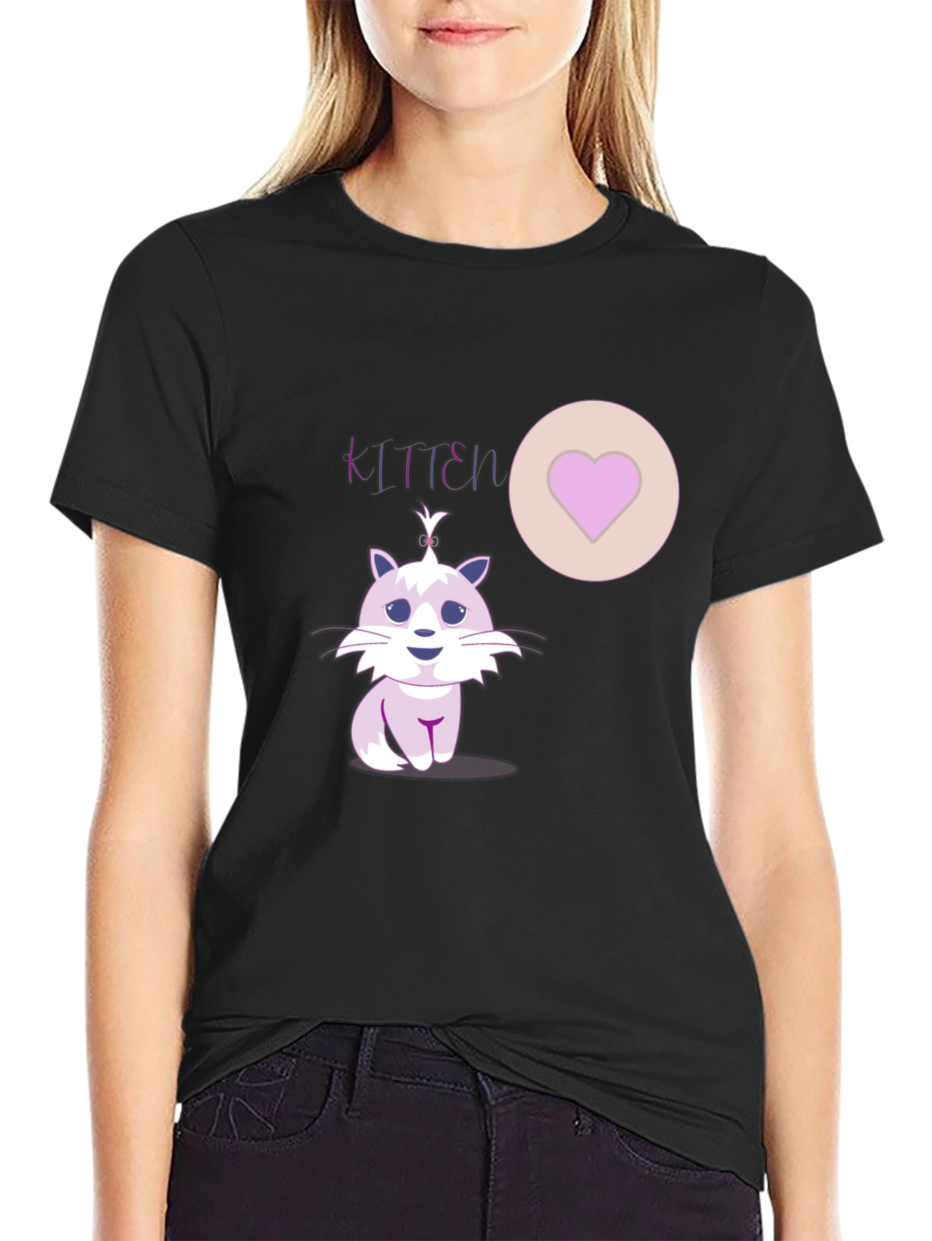 Cute Kitten Graphic Tee - Heart Detail Black T-Shirt