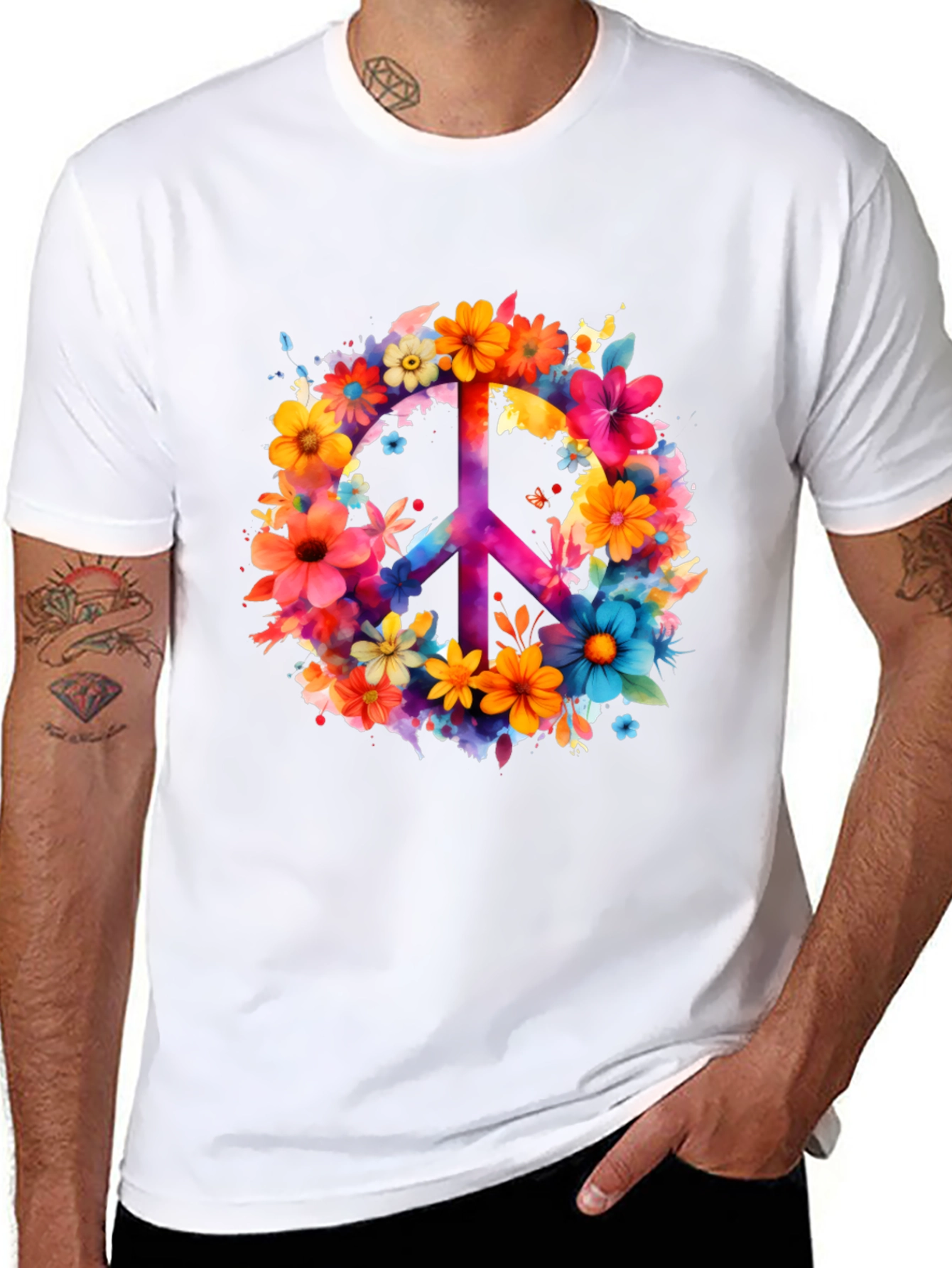 Floral Peace Sign Graphic Tee - Black