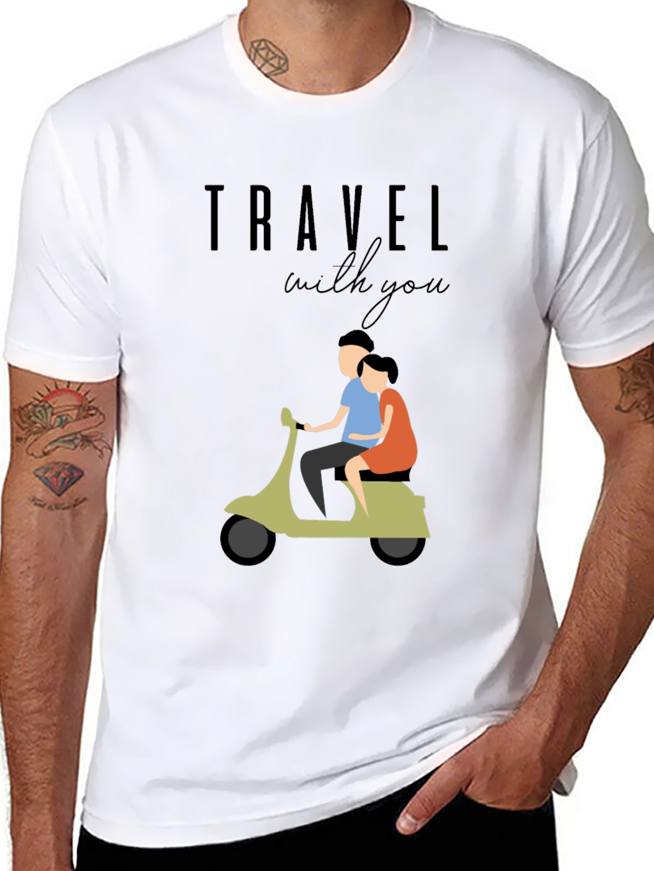 Travel With You Graphic Tee - Stylish Couple Scooter Design