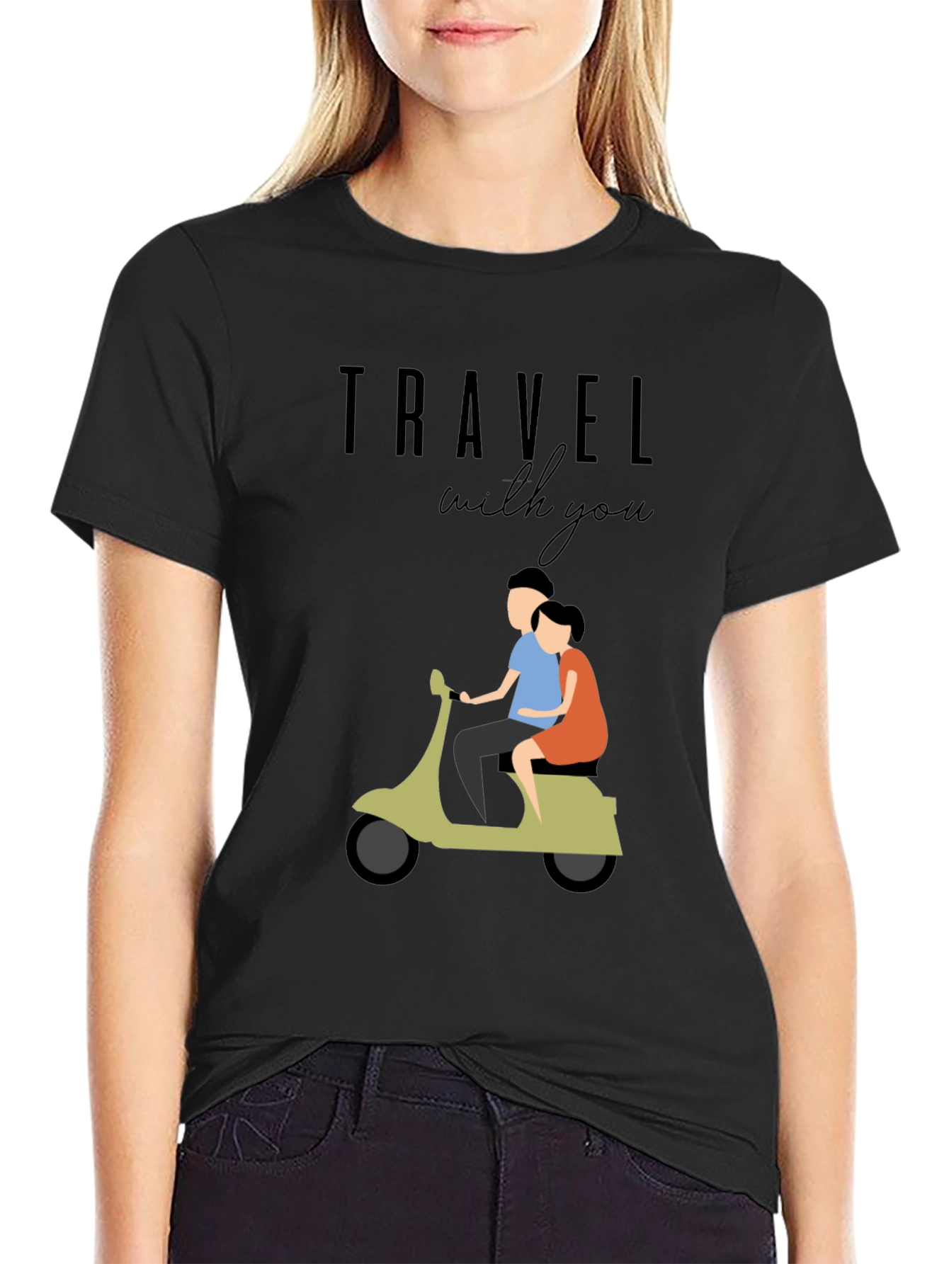 Travel With You Graphic Tee - Stylish Couple Scooter Design