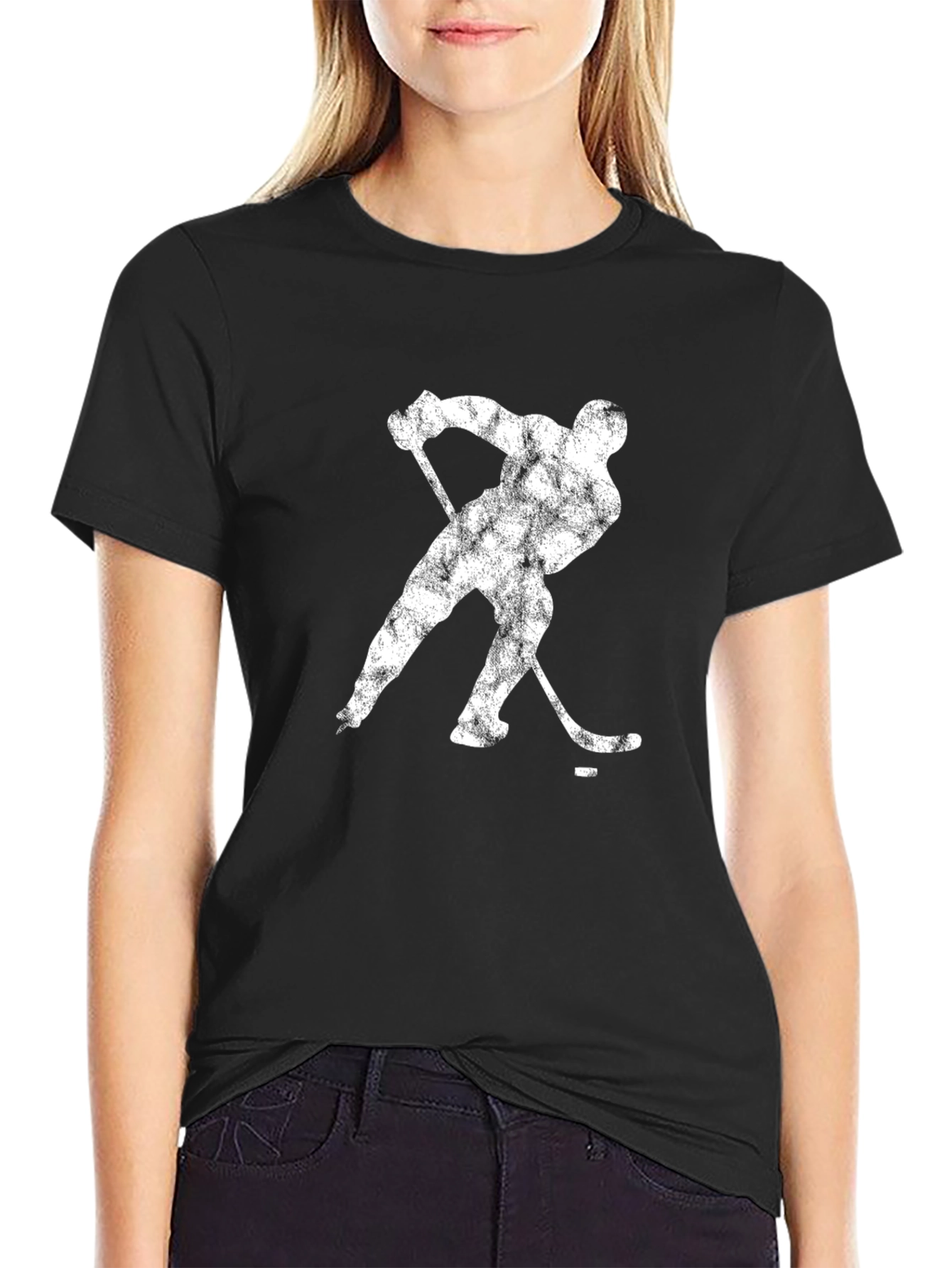 Hockey Player Graphic Tee - Black Cotton Casual T-Shirt