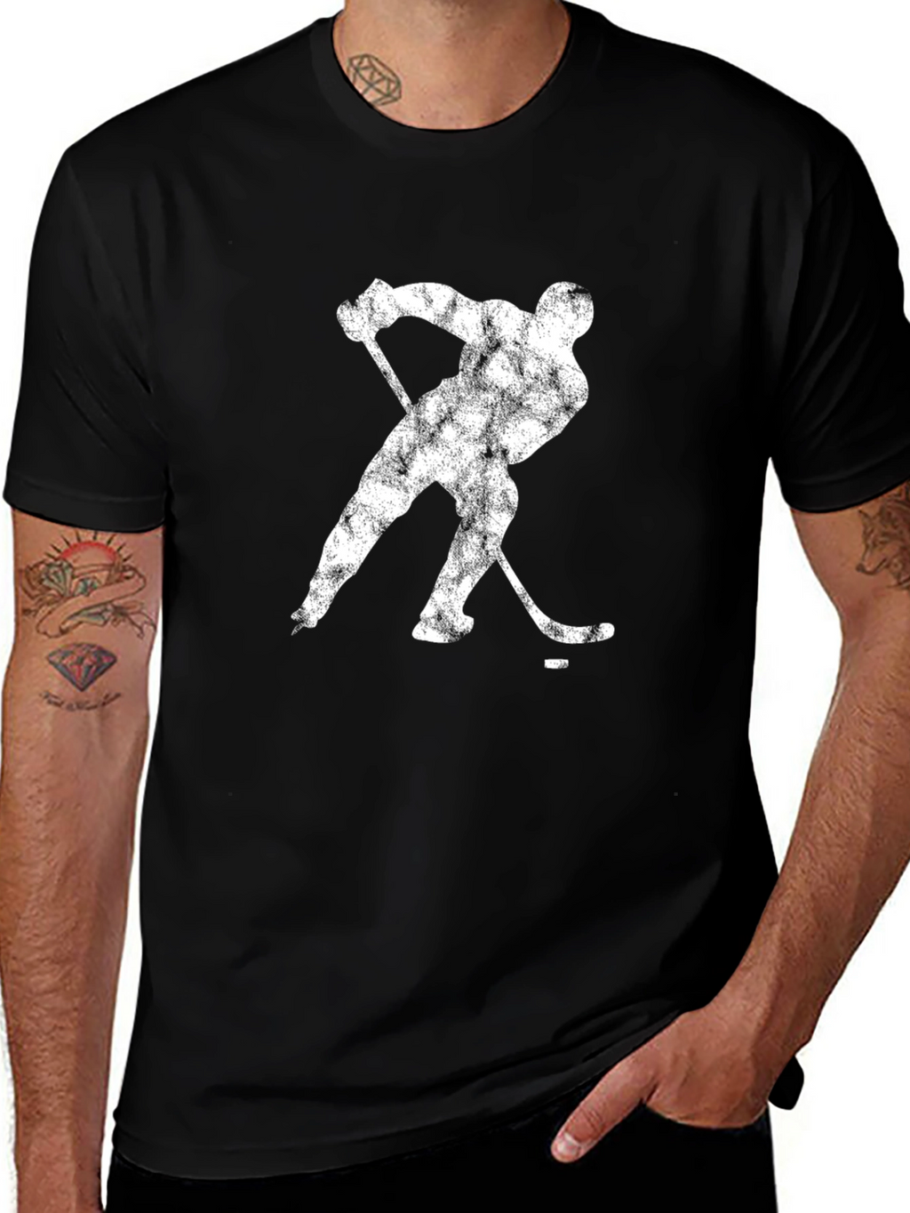 Hockey Player Graphic Tee - Black Cotton Casual T-Shirt