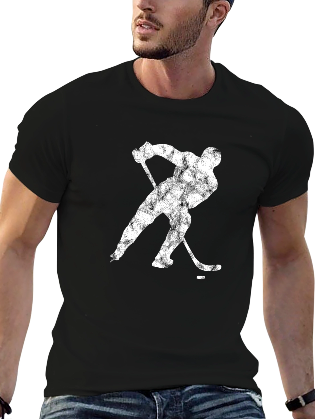 Hockey Player Graphic Tee - Black Cotton Casual T-Shirt