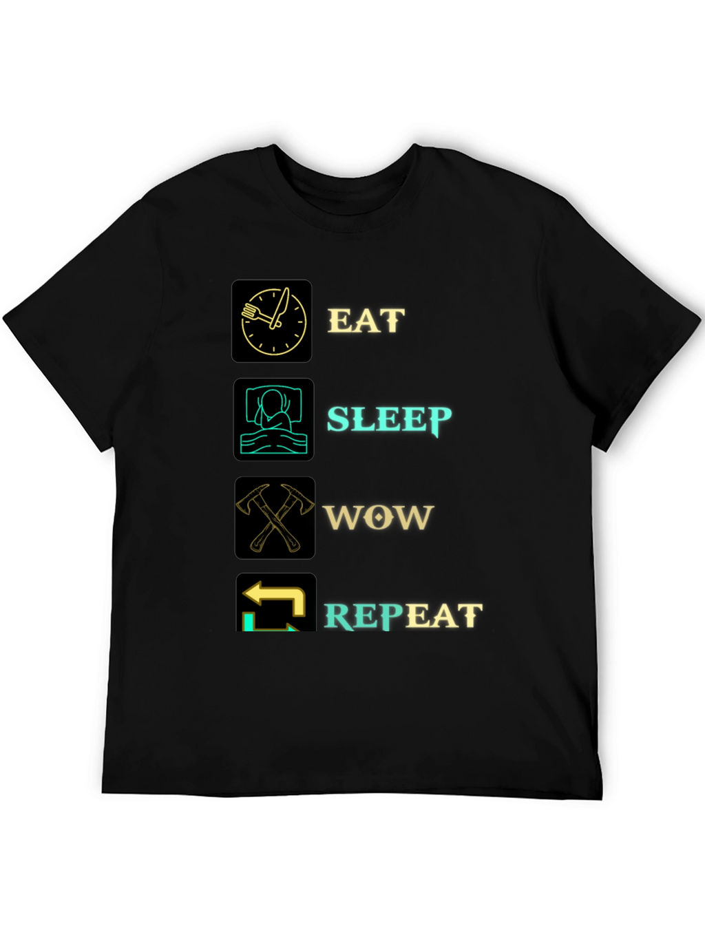 Eat Sleep WOW Repeat Black Graphic T-Shirt