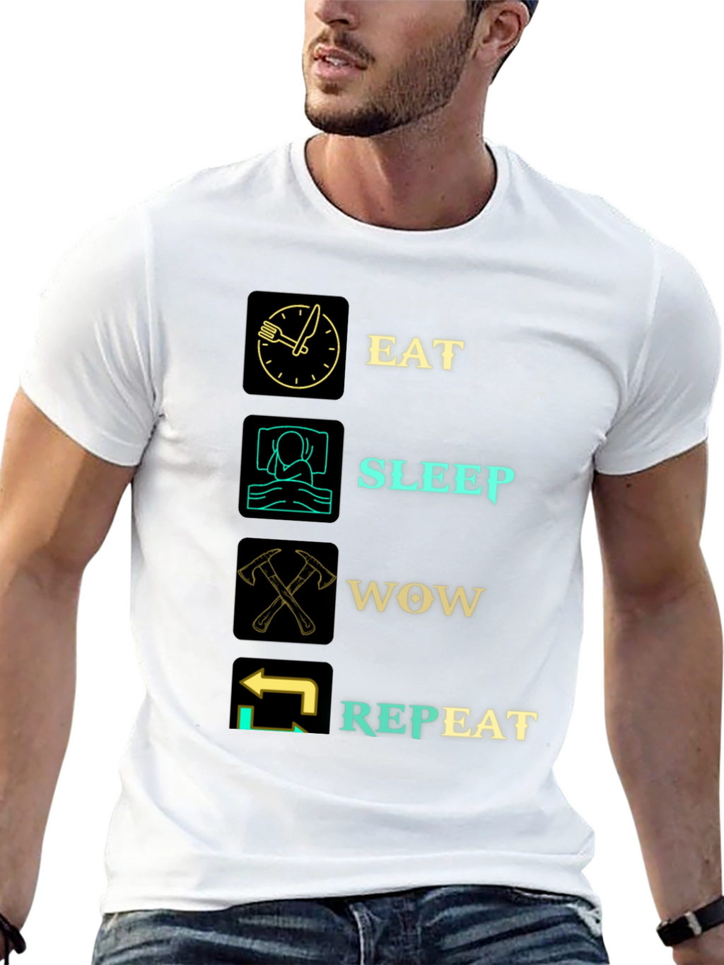 Eat Sleep WOW Repeat Black Graphic T-Shirt
