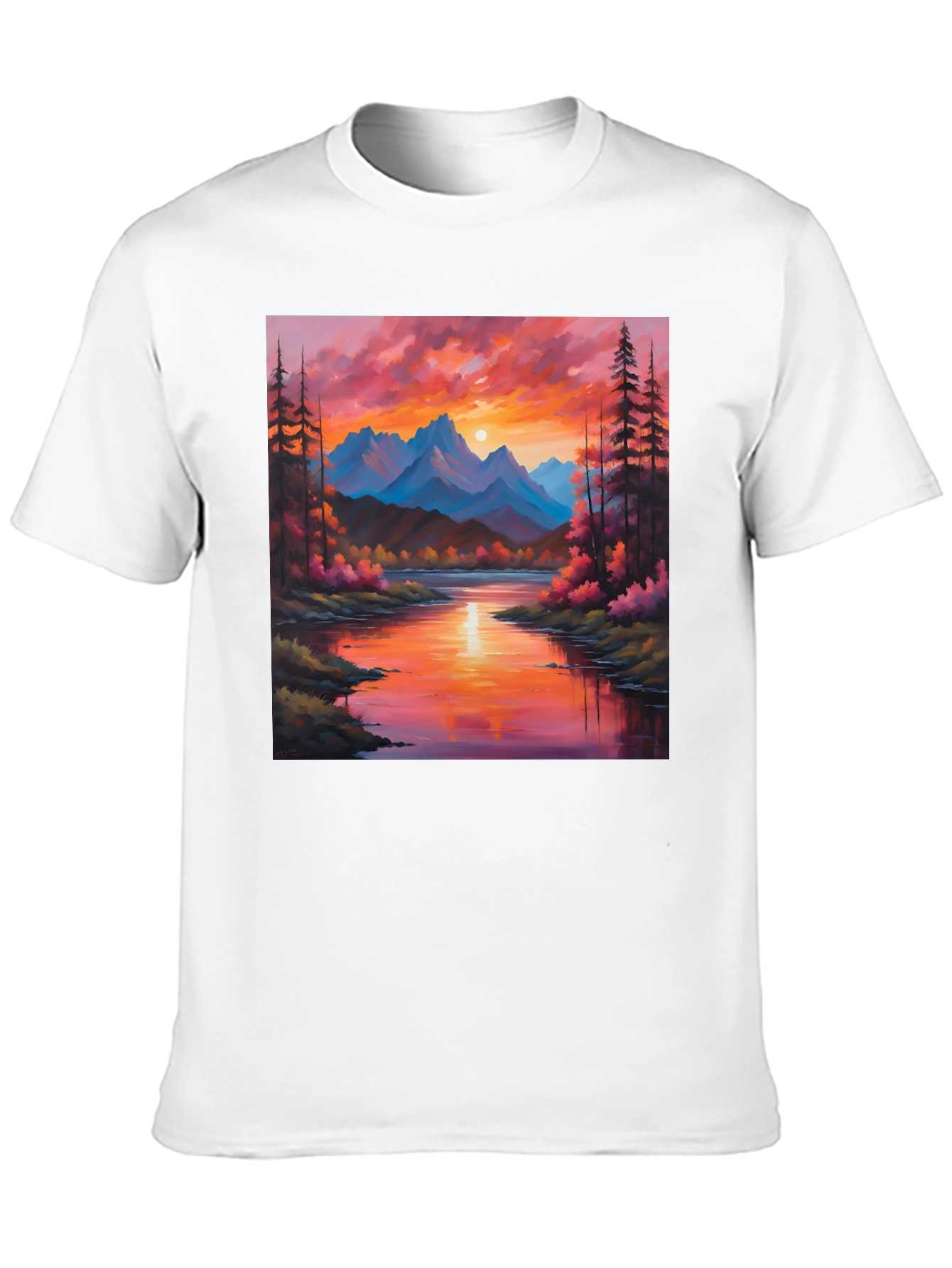 Sunset Mountain River Painting Graphic Tee