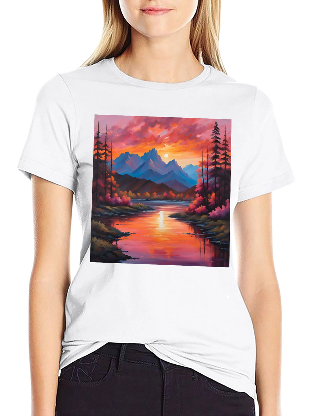 Sunset Mountain River Painting Graphic Tee