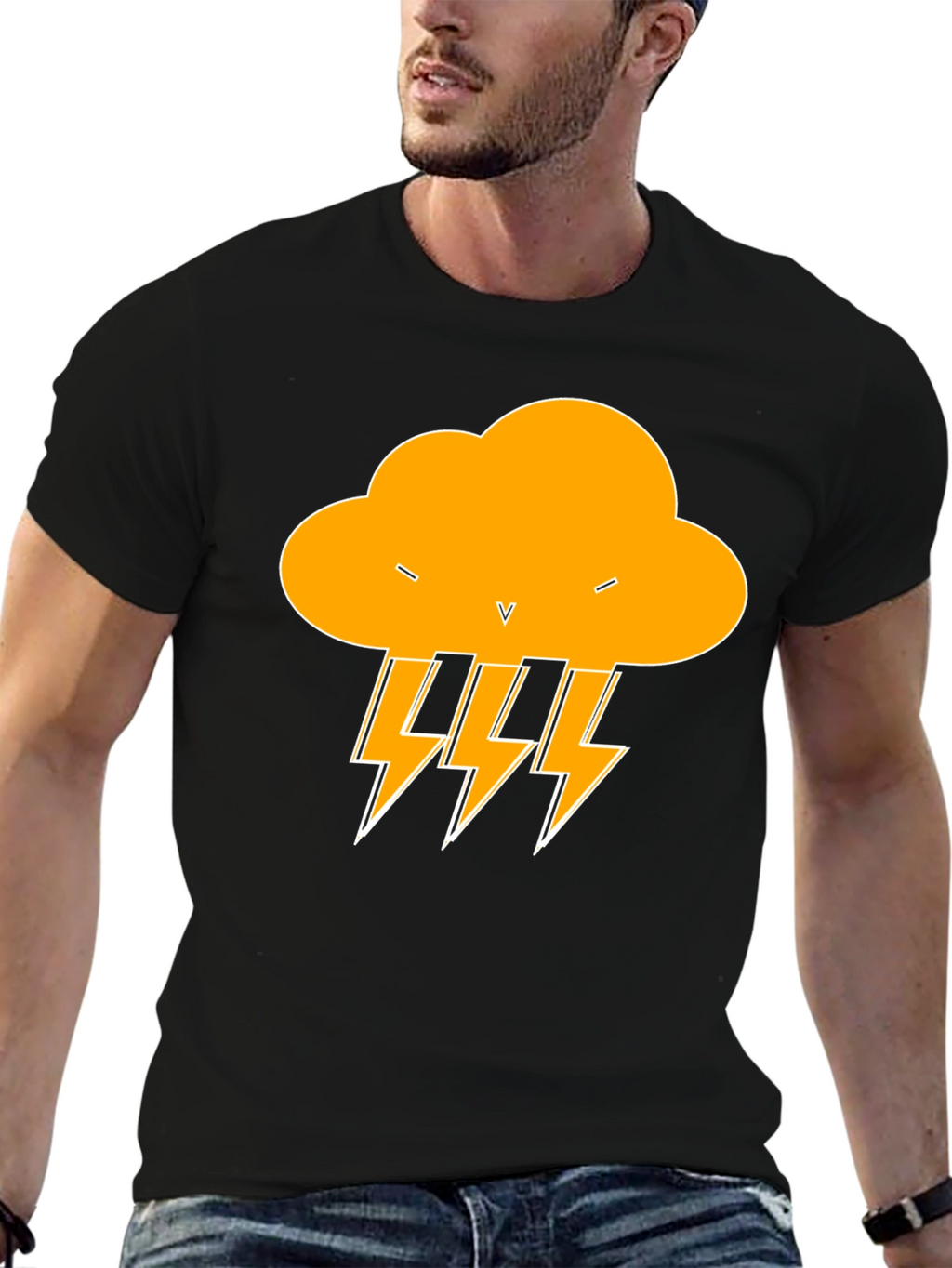 Black T-Shirt with Lightning Cloud Design