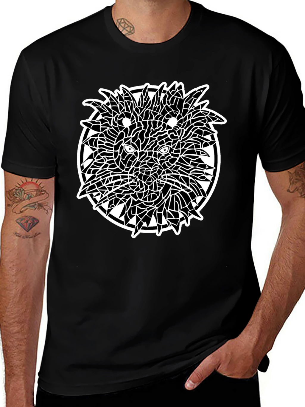 Abstract Lion Graphic Tee - Black