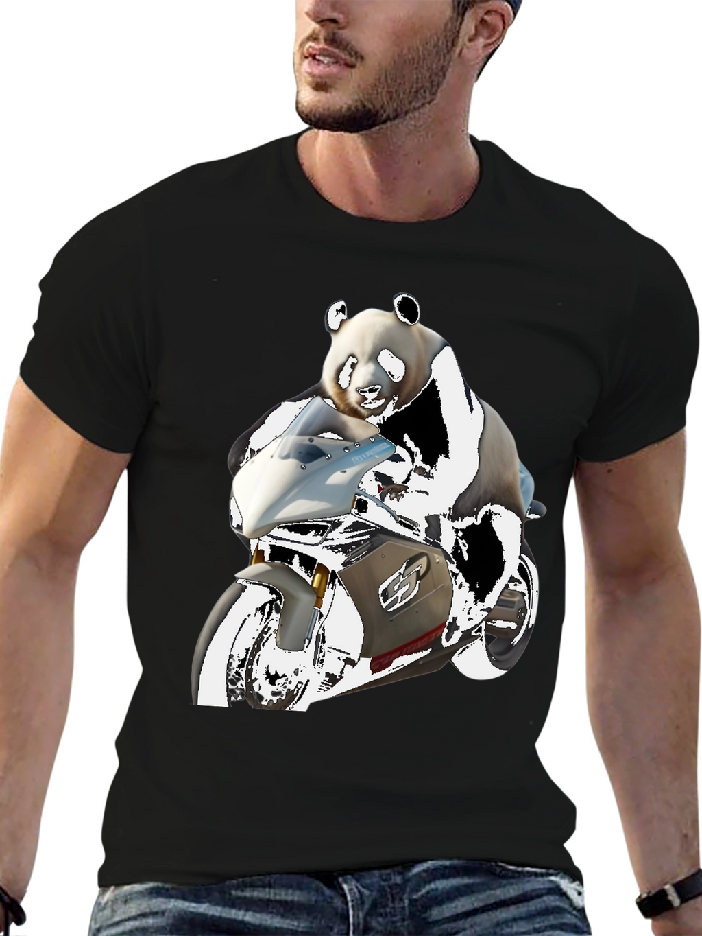 Panda Rider Black Tee - Motorbike Design