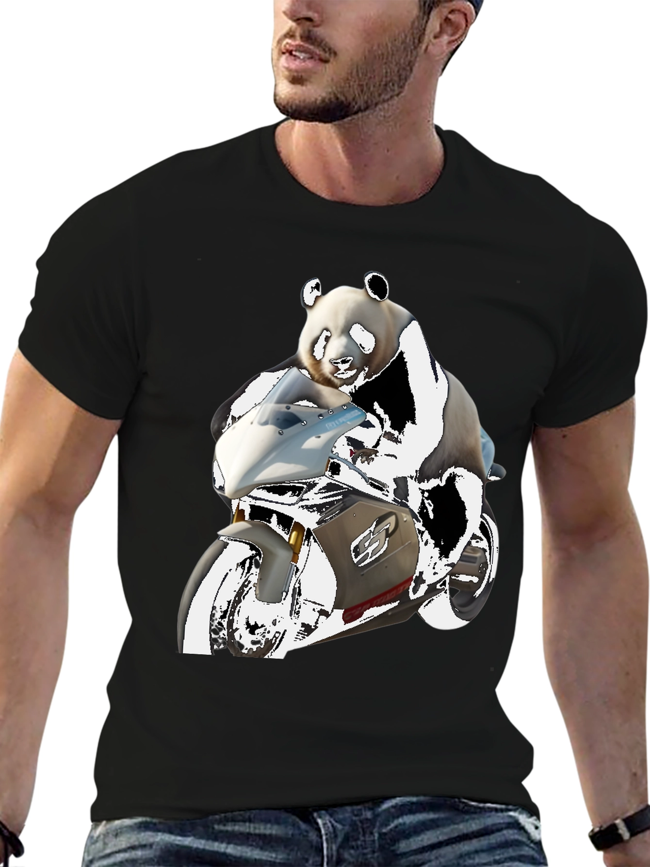 Panda Rider Black Tee - Motorbike Design