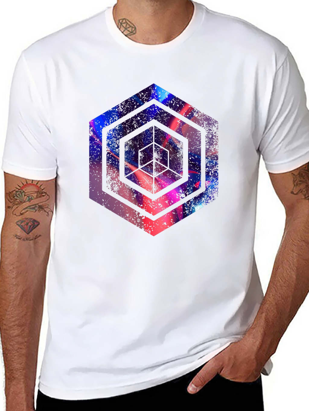 Abstract Hexagon Graphic Print Black T-Shirt