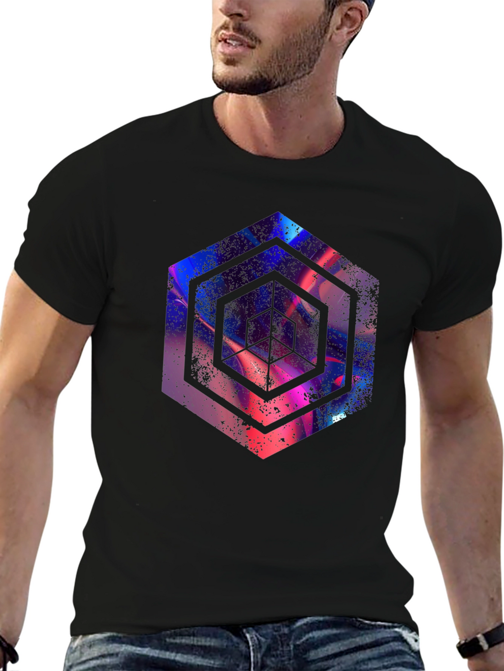 Abstract Hexagon Graphic Print Black T-Shirt