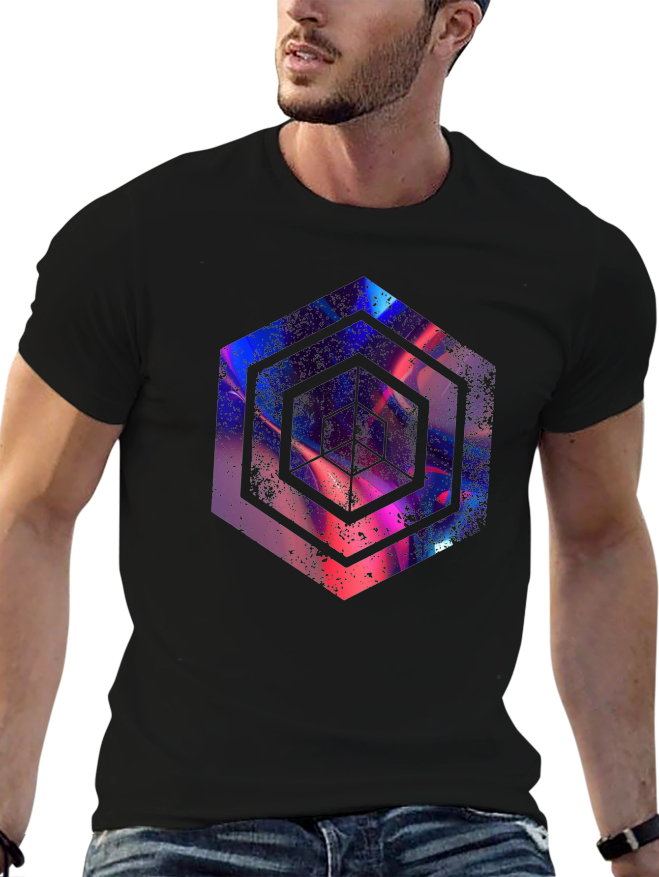 Abstract Hexagon Graphic Print Black T-Shirt