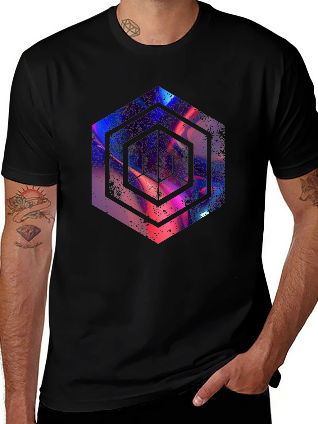 Abstract Hexagon Graphic Print Black T-Shirt