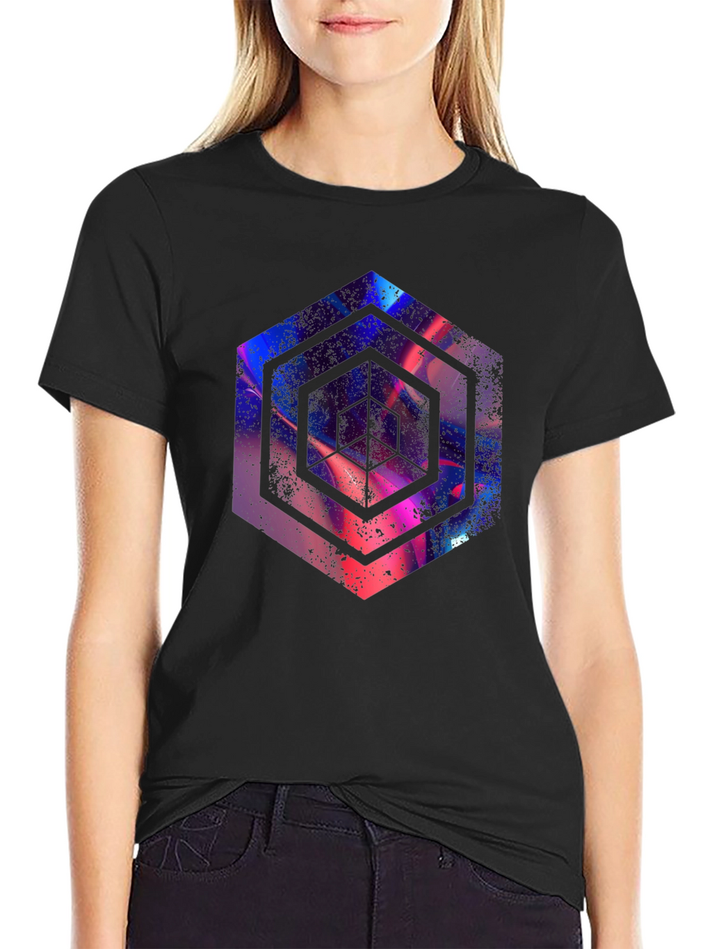 Abstract Hexagon Graphic Print Black T-Shirt