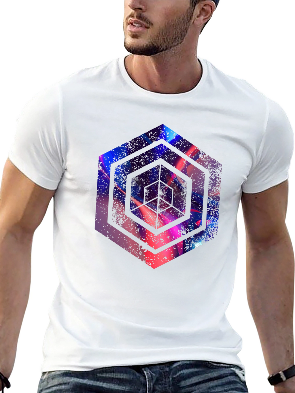 Abstract Hexagon Graphic Print Black T-Shirt