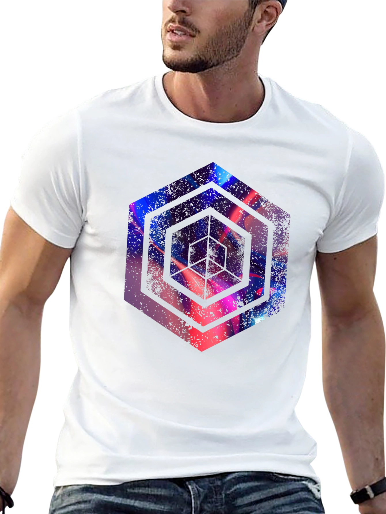 Abstract Hexagon Graphic Print Black T-Shirt