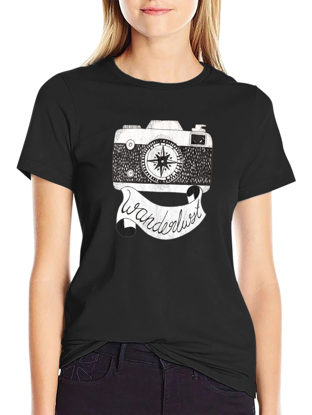 Wanderlust Camera Graphic Tee - Black Cotton Shirt