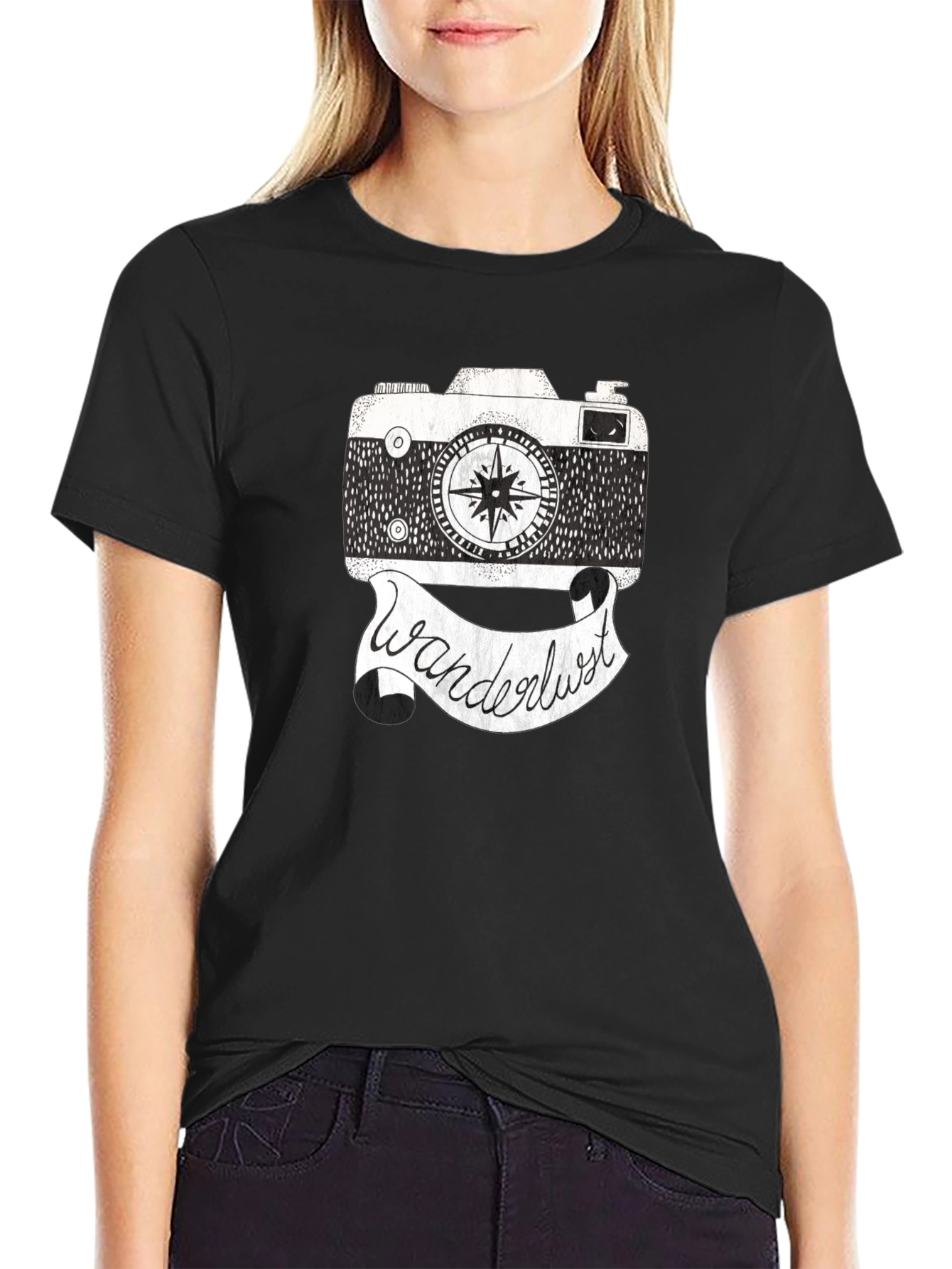 Wanderlust Camera Graphic Tee - Black Cotton Shirt