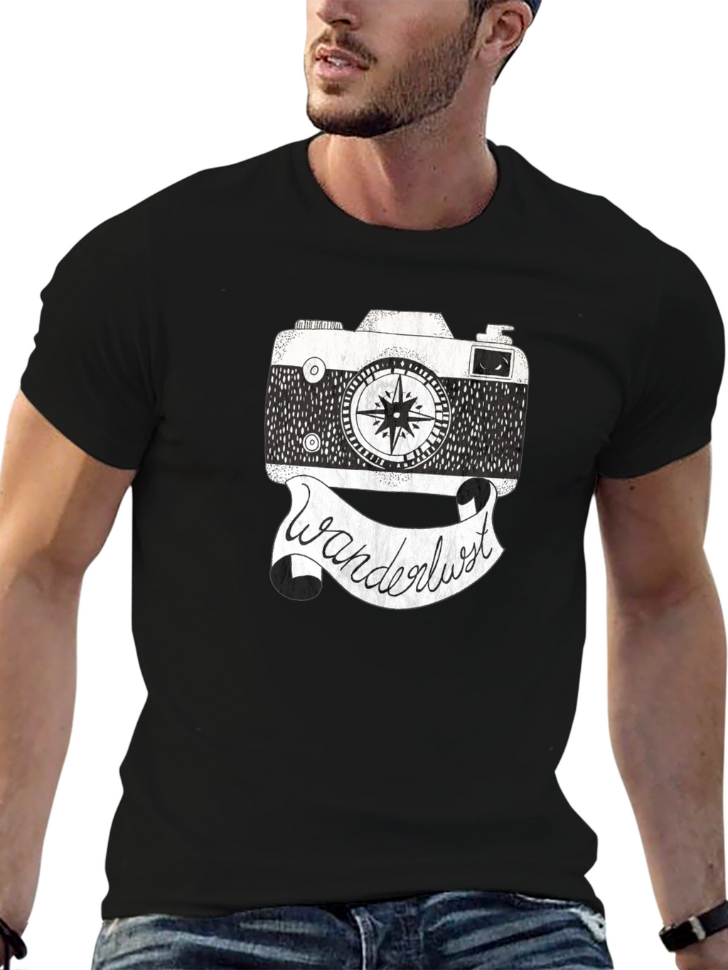 Wanderlust Camera Graphic Tee - Black Cotton Shirt