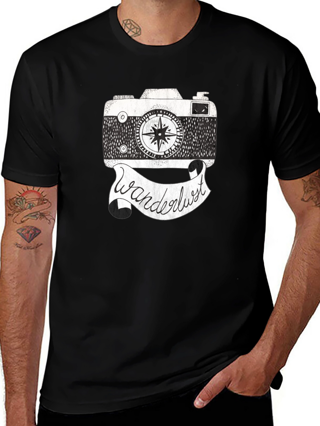 Wanderlust Camera Graphic Tee - Black Cotton Shirt