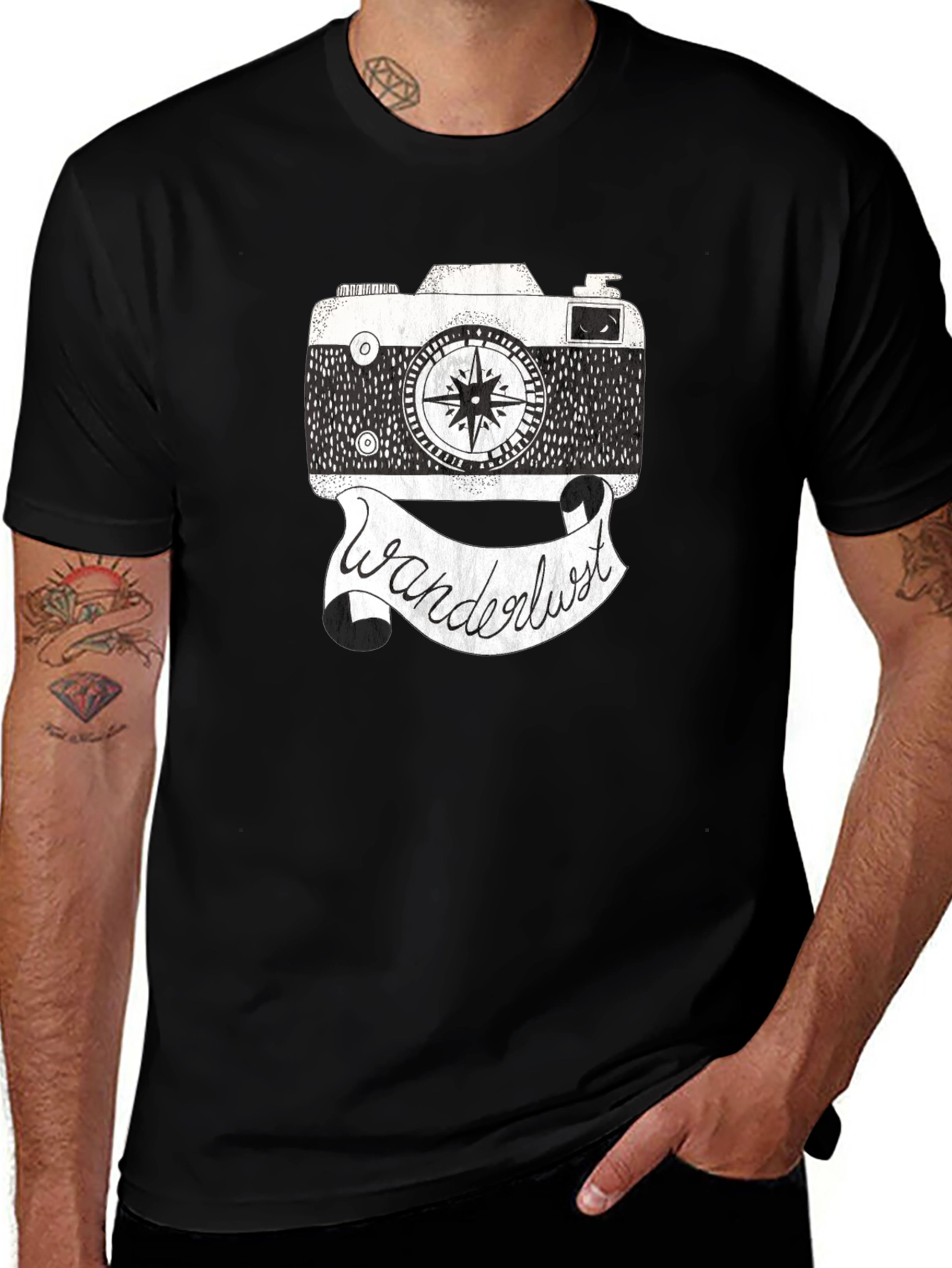 Wanderlust Camera Graphic Tee - Black Cotton Shirt