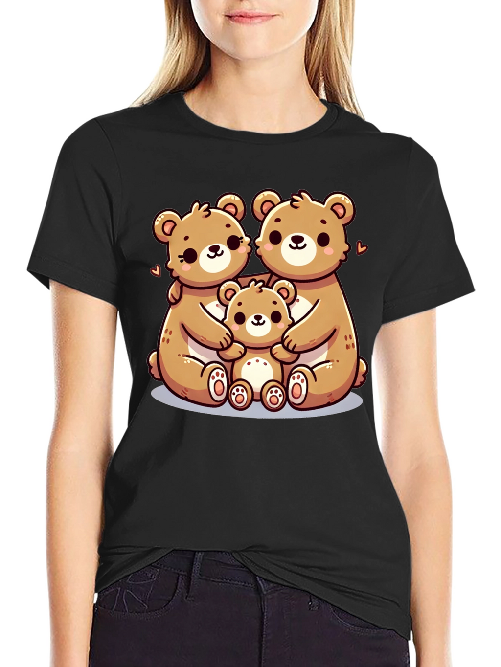 Cute Bear Family Graphic Tee - Black