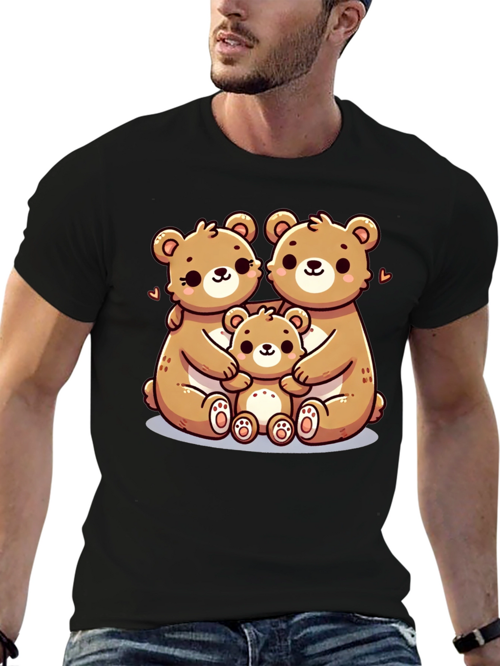 Cute Bear Family Graphic Tee - Black
