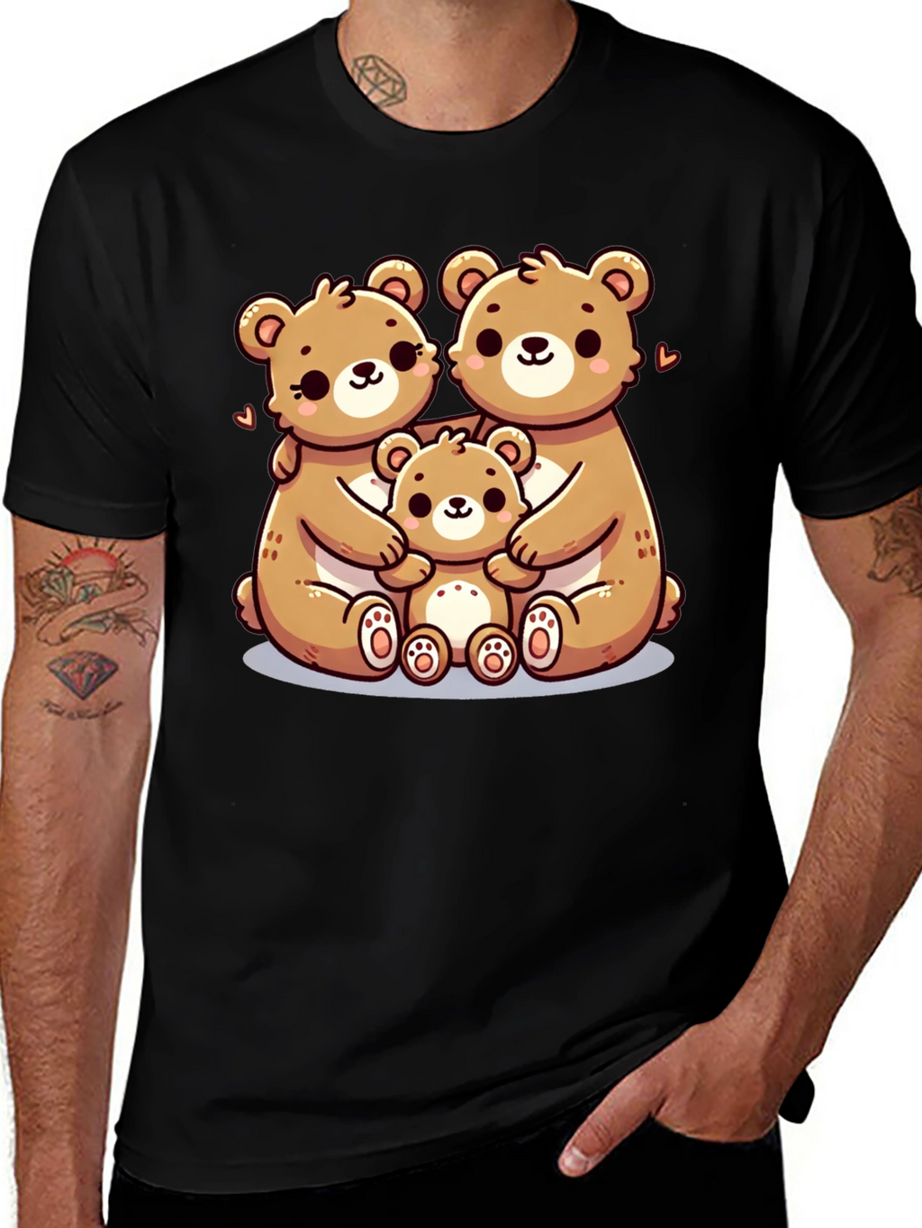 Cute Bear Family Graphic Tee - Black